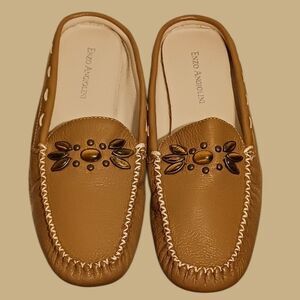 Women's Flat Moccasin Style Mules Beaded Top Tan Size 6.5M by: Enzo Angiolini